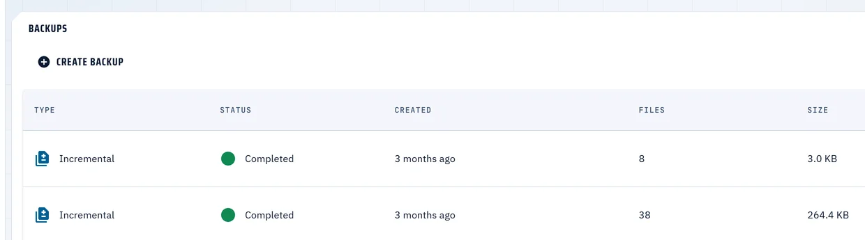 The backups list for a game service, showing two completed incremental backups with view, restore and delete actions.