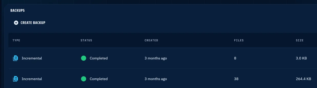 The backups list for a game service, showing two completed incremental backups with view, restore and delete actions.