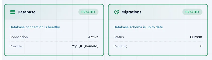 System Health checks for the database and migrations, both marked healthy.