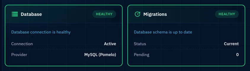 System Health checks for the database and migrations, both marked healthy.