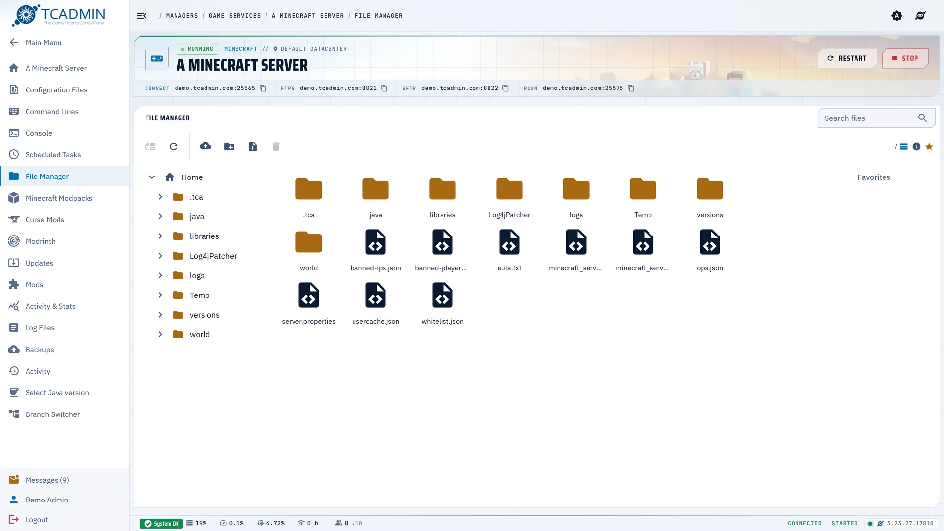 The file manager showing a Minecraft server folder tree and files.