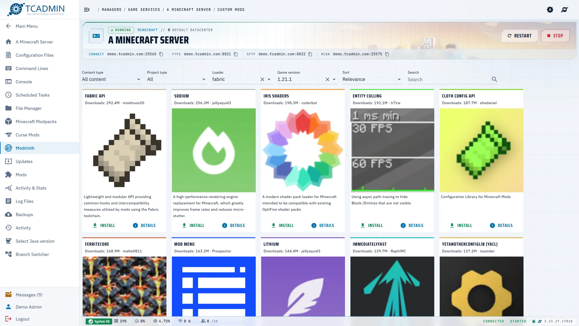The Modrinth mod browser listing Fabric API, Sodium, Iris Shaders and Entity Culling with install buttons.