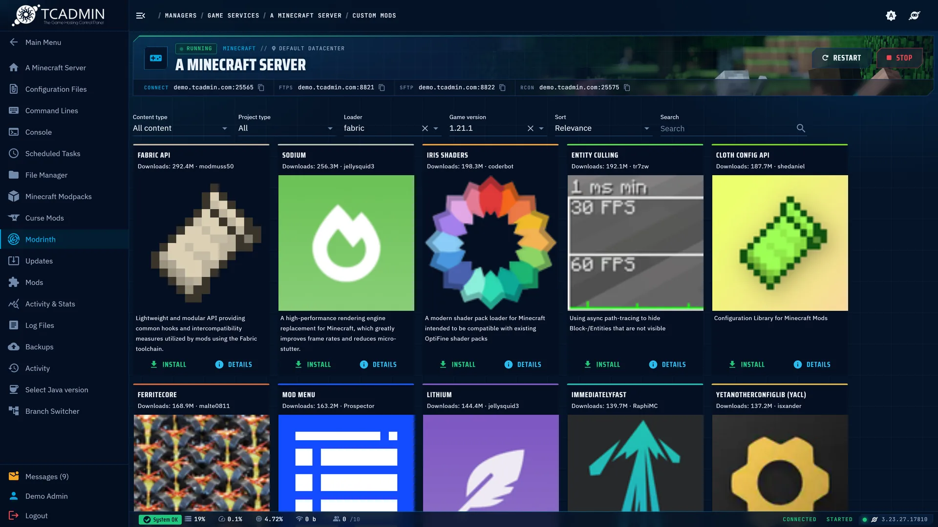 The Modrinth mod browser listing Fabric API, Sodium, Iris Shaders and Entity Culling with install buttons.