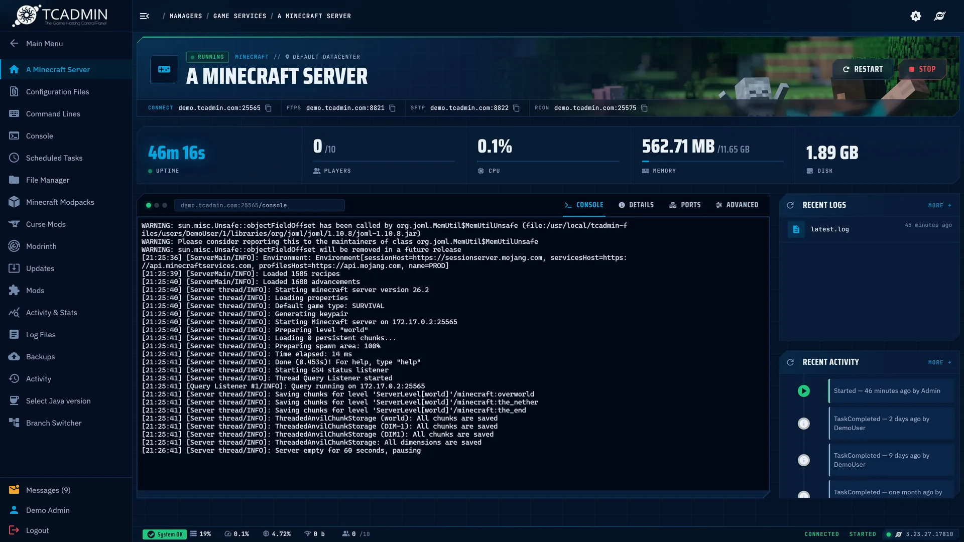 A Minecraft game service in TCAdmin 3 using the default dark theme.