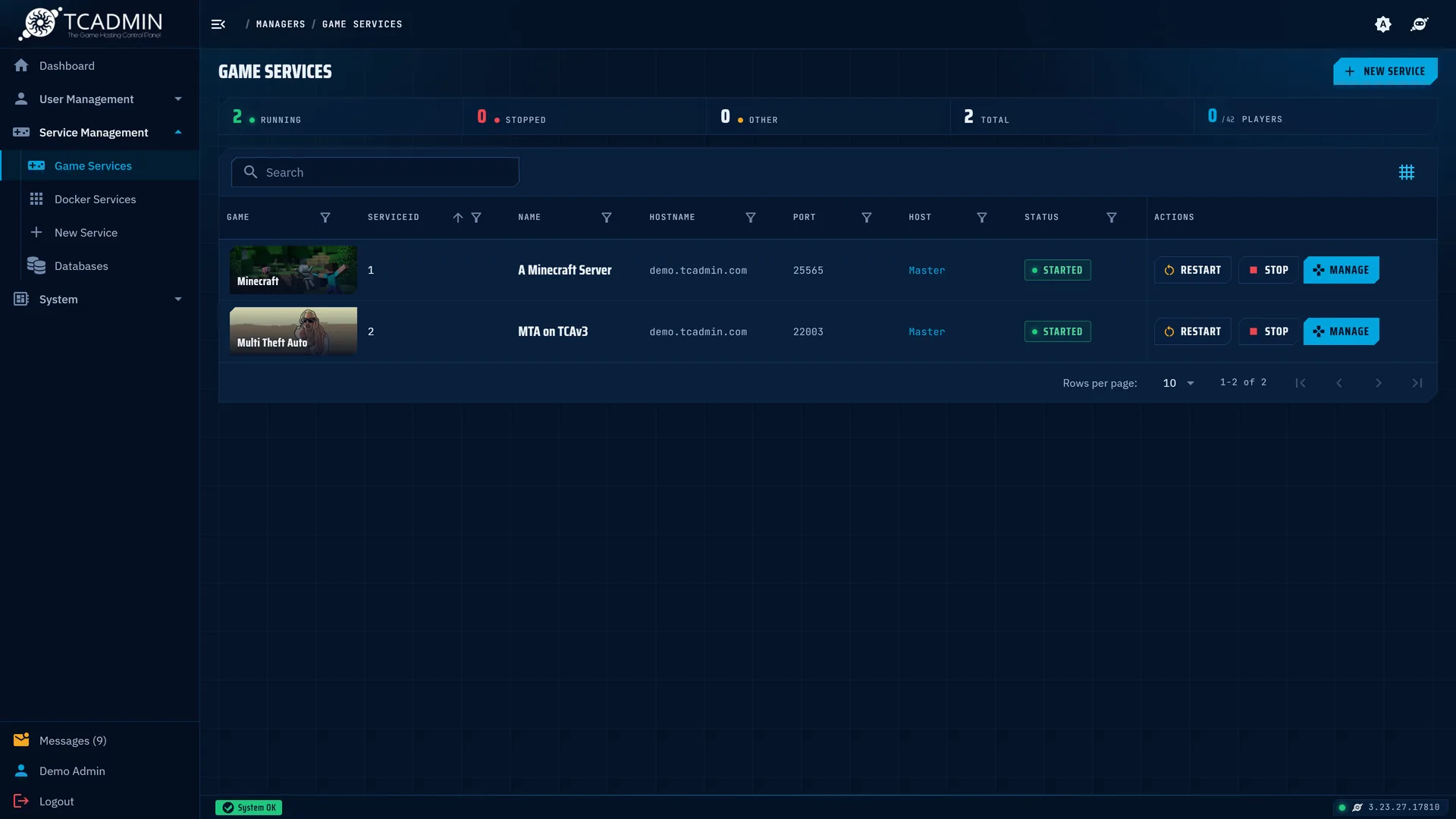 The game services list with Minecraft and Multi Theft Auto servers, their ports and status.