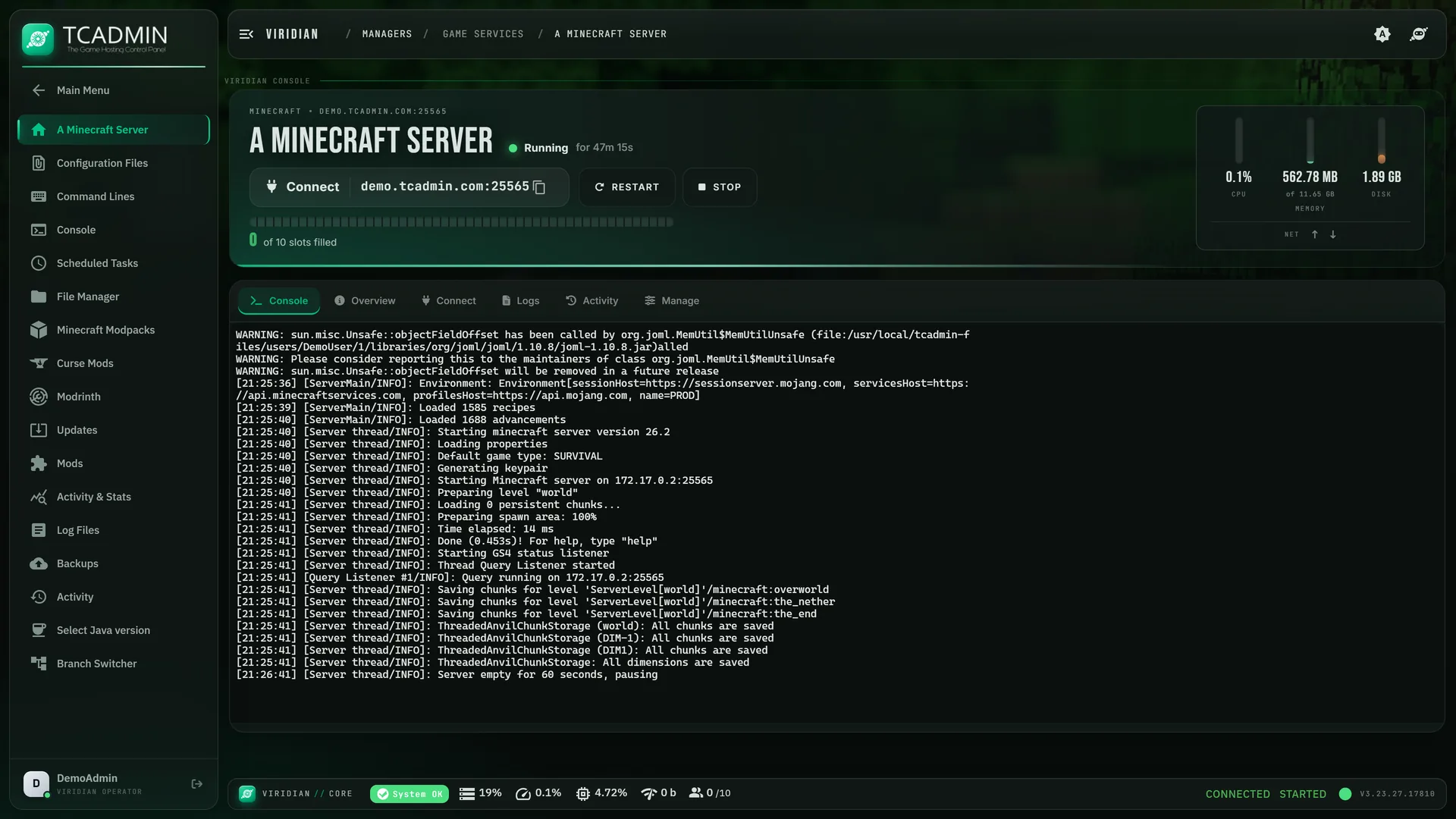 The same service page in the Viridian theme, with green accents and a large server title.